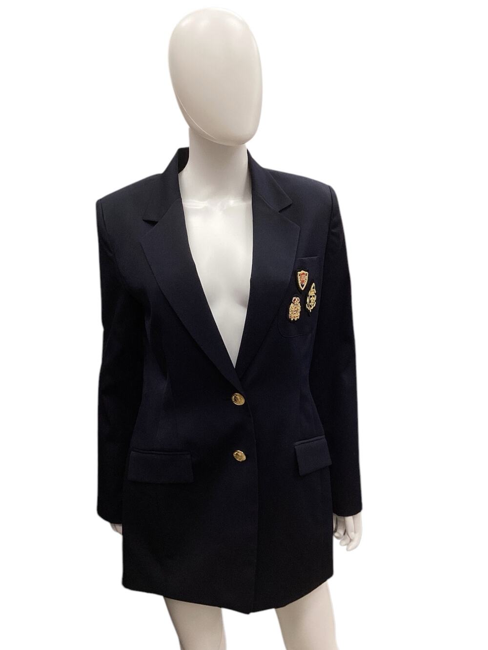 Vintage Anne Klein Women’s Blazer Size 8 Crest Emblems Gold Buttons Navy Blue